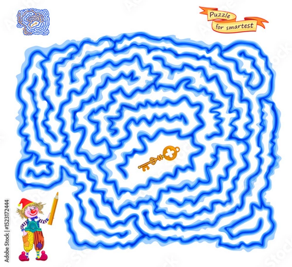 Fototapeta Best labyrinths. Can you help the clown find the way to the golden key? Logic puzzle game for children. Brain teaser book with maze. Educational page. Kids activity sheet. Flat vector illustration.