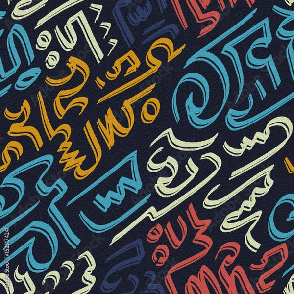 Obraz Brush stroke colorful abstract line drawing seamless pattern illustration on a black grain background.