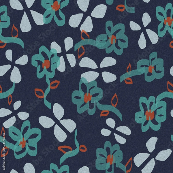 Obraz Brush stroke line drawing seamless pattern illustration of flowers and butterflies on a dark blue grain background.