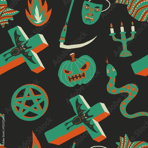 Obraz Halloween ornament seamless pattern illustration on a black surface dot background.