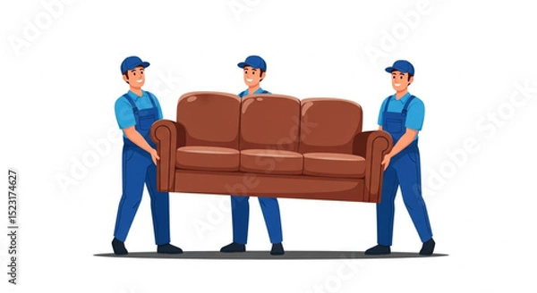 Fototapeta  Moving Team Delivering Couch – Furniture Loader Service with Uniformed Deliverymen – Vector Art