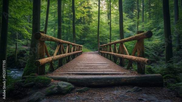 Fototapeta Wooden Bridge in Green Forest, Front View Pathway Leading into Nature, Scenic Walkway with Symbolic Meaning of Journey and New Beginnings.