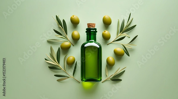 Fototapeta Olive oil bottle with olives and branches on a pastel green background.