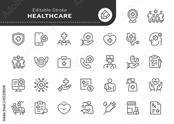 Obraz Healthcare line icon set. Medicine, medical service, health, care, doctor, hospital, patient, treatment, sick, illness and more. Outline icon in linear style. Vector collection.	
