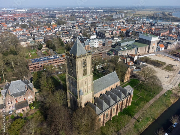 Obraz Aerial view of a historic church tower St. Maartenskerk in Tiel, Netherlands