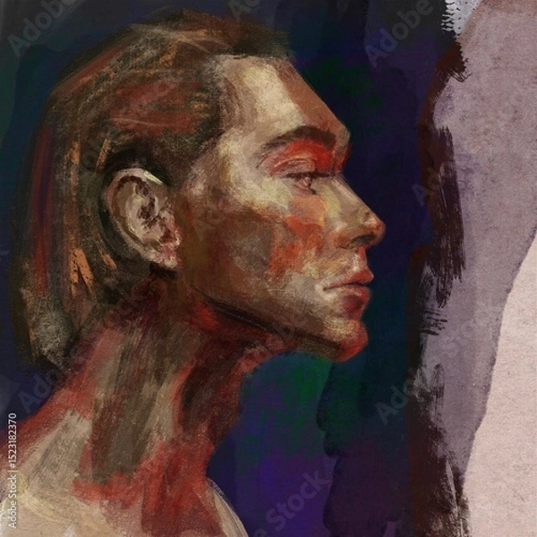 Fototapeta Vibrant digital painting of a male side profile rendered in expressive, warm brushstrokes. The deep red and earthy tones convey a sense of introspection and strength,  textured background