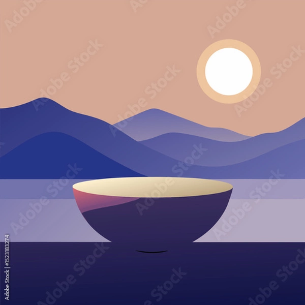 Fototapeta Japanese-Inspired Vector Illustration Depicting a Desert Landscape with a Ceramic Bowl, Creamy Clouds and Warm Beige Background