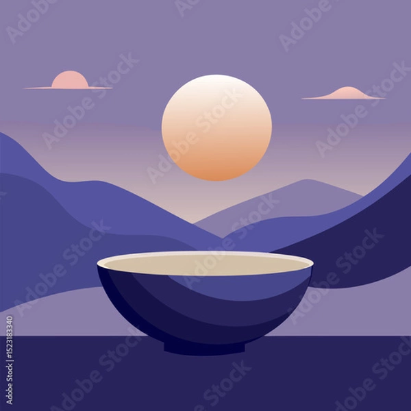 Fototapeta Digital Vector Artwork of a Meditative Scene with White-Rimmed Bowl, Soft Sun and Lavender-Toned Mountains Under Quiet Sky