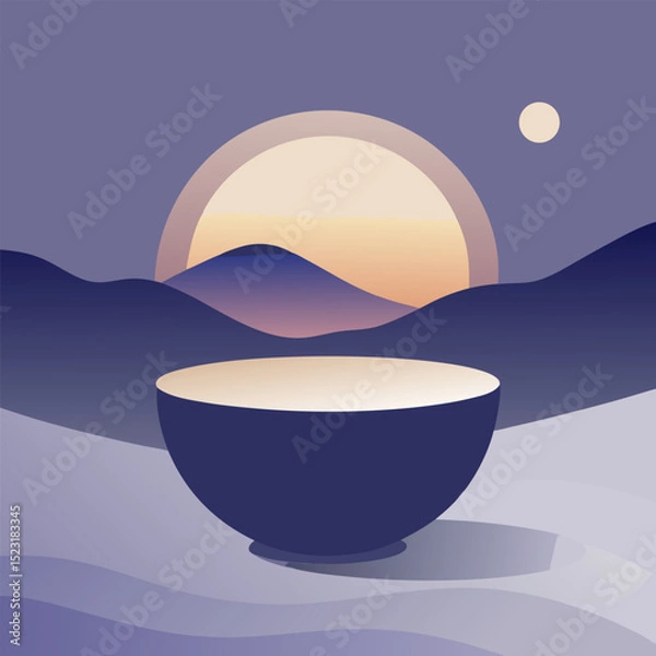 Fototapeta Minimalist Zen-Inspired Illustration with Simple Ceramic Bowl, Smooth Lavender Mountains and Beige Background Under Pale Muted Sky