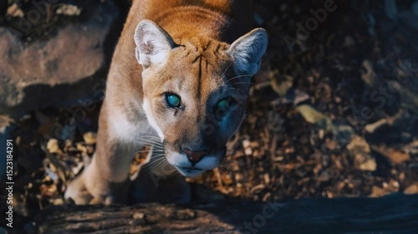 Fototapeta A young deer, a wild mammal, gracefully eats grass in the zoo, observed by a watchful feline