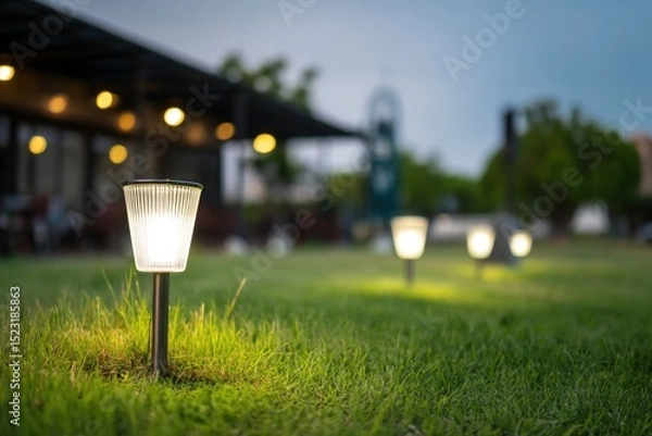 Fototapeta Solar lamps illuminate a green lawn during a sunny summer afternoon, creating a warm and inviting atmosphere near an outdoor cafe