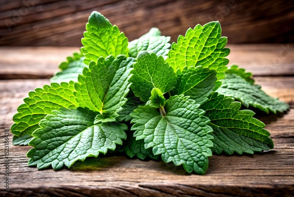 Fototapeta Fresh Mint Leaves Close-Up on Rustic Wooden Table. Created with AI Generative