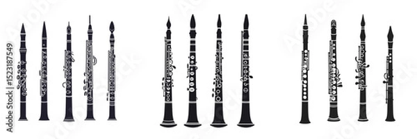 Fototapeta Set of Jazz flutist in studio setting, cut out on a pure white background, with superimposed vector graphics of trumpets and classical wind on transparent png background. Ai generated