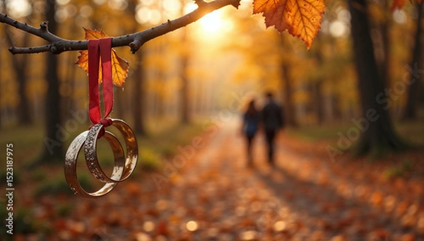 Fototapeta Wedding rings hang from a branch, symbolizing love in a golden autumn forest with a couple walking in the background, copy space for text