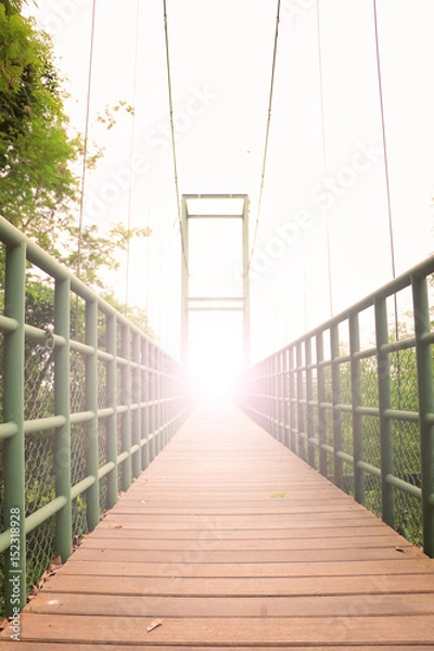 Fototapeta Rope bridge wood floor, Sweetheart on the steel bridge with blurred style