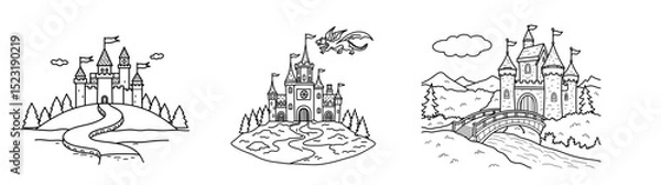 Fototapeta Three castle illustrations with a dragon flying above in a fairytale concept of children's coloring set  