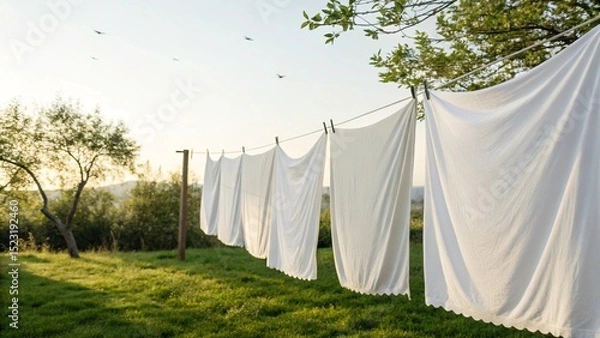 Fototapeta White bed sheets and other linens billow gently on a clothesline in a sunny backyard, creating a pristine and refreshing scene of 'Fresh Laundry'