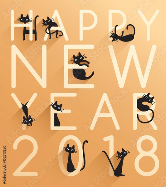 Fototapeta 2018 Happy New Year card template with black cats : Vector Illustration