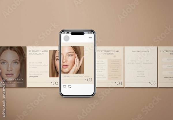 Obraz Minimalist Instagram carousel template for beauty bloggers, 10 customizable PSD post layout in neutral tones for skincare tips and product promotion on social media