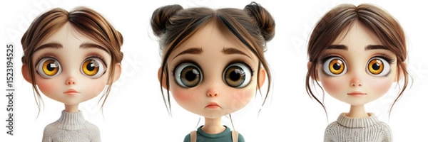 Fototapeta Set of Studio shot of a sweet-eyed girl cartoon character with delicate features and warm expression on pure on transparent png background. Ai generated