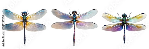 Fototapeta Set of Top view of a dragonfly in flight, ultra-detailed on pure on transparent png background. Ai generated