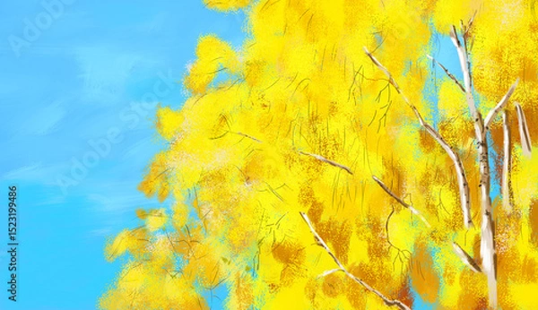 Fototapeta Birch tree in autumn with yellow leaves. Autumn landscape, with birch trees with yellow autumn illustration. Birch grove in autumn time