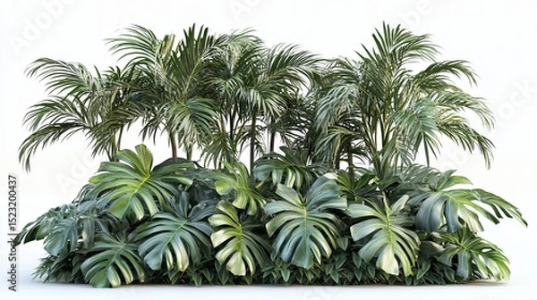 Fototapeta Lush tropical plants arrangement featuring palm trees and monstera leaves on a white background