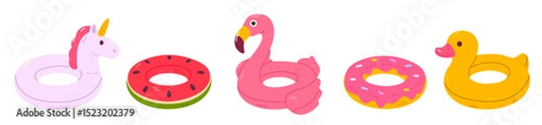Fototapeta Collection of five inflatable pool floats shaped like unicorn, watermelon, flamingo, donut, and duck, perfect for summer design kits and kids' vacation graphics