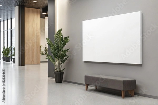 Fototapeta mockup. large, plain white canvas, artwork, mounted horizontally in landscape orientation on the wall of a modern office lobby with good lighting and potted plants