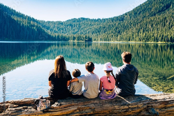 Fototapeta Family hiking, Paradise Meadows Loop Trail, Strathcona Provincial Park, Vancouver Island, BC, Canada
