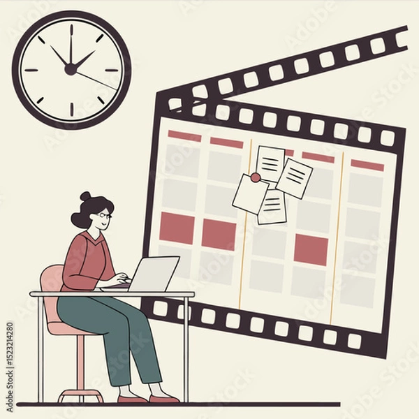 Obraz Woman planning project using laptop time management illustration