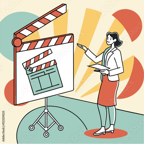 Obraz Woman presenting with clapperboard graphic