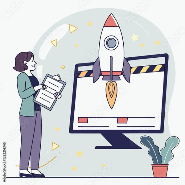Obraz Woman reviewing checklist rocket launching from computer screen startup concept