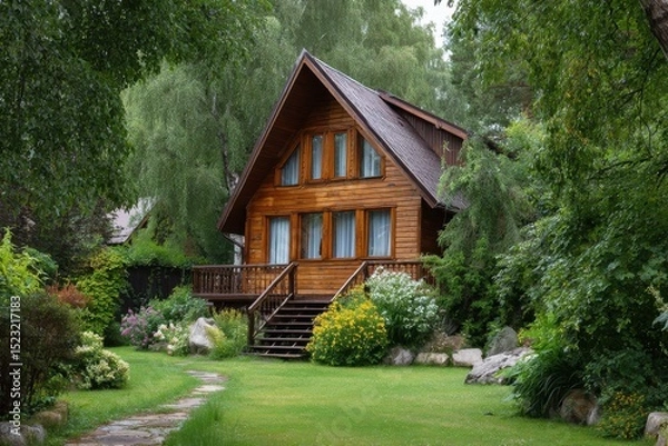Fototapeta Rustic log cabin nestled among tall trees with a stone pathway leading to the entrance of the house
