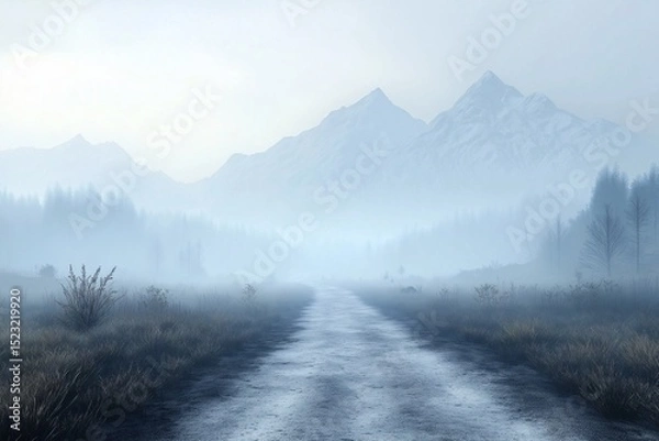 Fototapeta Misty Mountain Road through Foggy Mountainscape. A Serene and Atmospheric Rural Escape for Adventurous Road Trips in Tranquil Nature Scenery