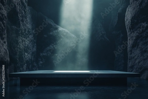 Fototapeta Moody Cave Reflection. Light and Shadow on Rock Platform in Mystical Surreal Scene