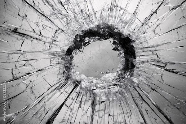 Fototapeta Broken Window Vandalism. Shattered Glass Crime Scene with Abstract Texture and Impact Hole in Black and White Photography