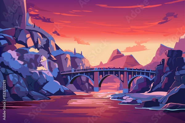 Fototapeta A stunning illustration of a scenic bridge at sunset, surrounded by mountains and a river, showcasing calming hues of purple and orange.