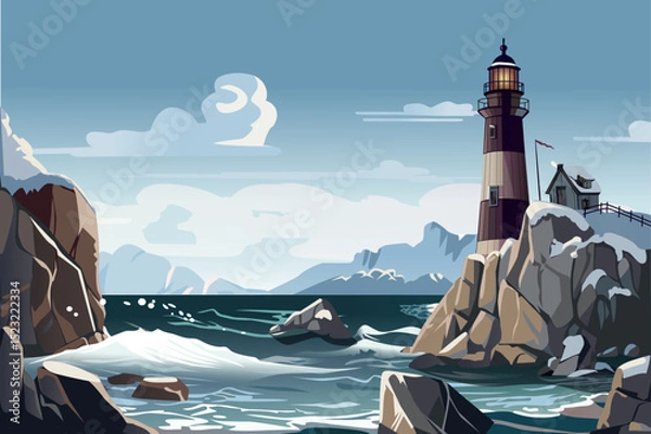 Fototapeta A scenic coastal view featuring a lighthouse, rocky shores, and rolling waves, highlighting the beauty of nature in a tranquil setting.