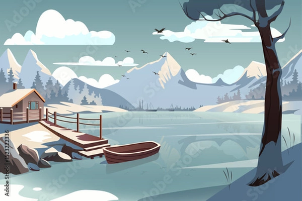 Fototapeta A tranquil illustration depicting a serene mountain lake with a wooden dock and a small boat, surrounded by snow-capped mountains, trees, and birds in the sky.