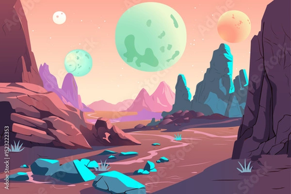 Fototapeta A vibrant sci-fi desert landscape features rocky hills and multiple moons, set against a pastel sky in a 2D illustration style.
