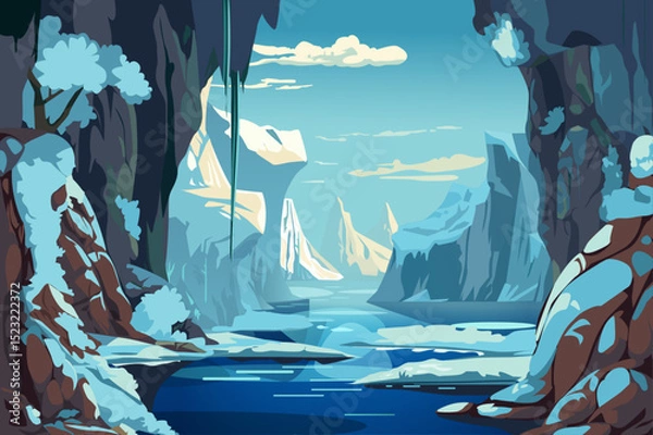 Fototapeta A serene winter landscape featuring rocky cliffs cloaked in snow, icy shores, and a calm blue waterway under a bright sky.