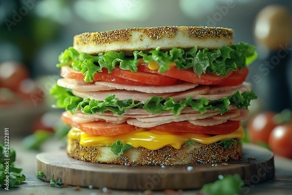 Fototapeta Delicious Layered Sandwich with Fresh Vegetables and Savory Meats A Colorful and Healthy Meal on Wooden Board with Bokeh Background