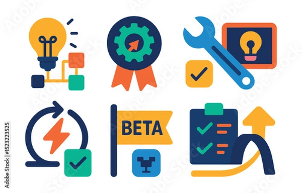 Fototapeta Flat vector icons of innovation in workflow: lightbulb with flowchart, process improvement badge, new tool implementation, creative workflow icon, innovation sprint cycle, beta feature flag, test
