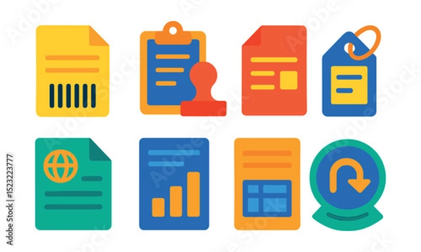 Fototapeta Flat vector icons of logistics documents and labels: invoice with barcode, delivery receipt stamp, packing slip icon, shipping label tag, customs declaration form, bill of lading file, freight