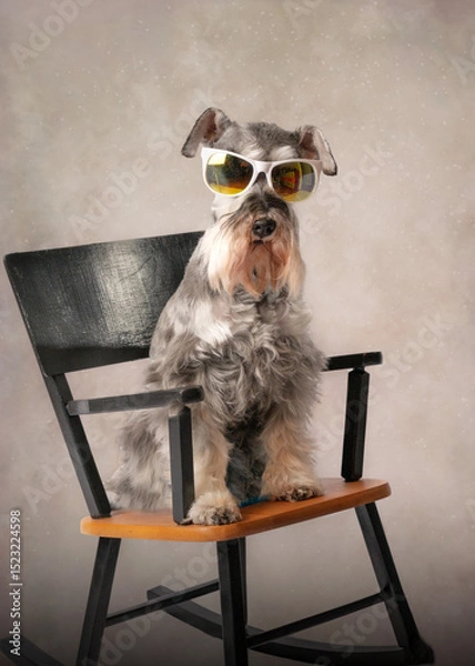 Obraz Whimsical schnauzer dog sitting in a black chair. Salt and pepper dog is wearing white sun glasses and has a long stylish beard. 