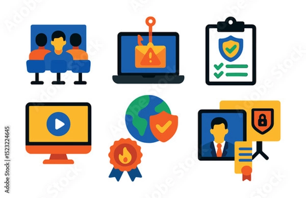 Fototapeta Flat vector icons of cybersecurity training: employee awareness workshop, phishing simulation test, security best practices checklist, e-learning course screen, safe browsing icon, threat recognition