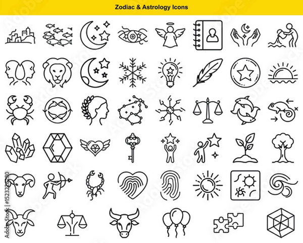 Obraz Collection of Minimalist Outlined Icons Representing Astrology, Zodiac Signs and Various Symbolic Elements