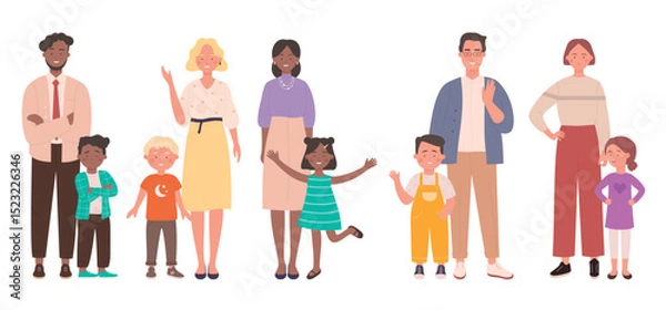Obraz Family with kids vector illustration set. Cartoon parent people standing with children together, young father or mother with child son or daughter, happy parenthood, parental love isolated on white