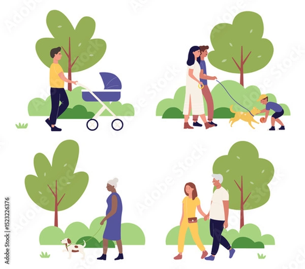 Obraz People walking in city park together vector illustration set. Cartoon cityscape summer park scenes collection, happy family characters walk and play with dog, father with stroller isolated on white